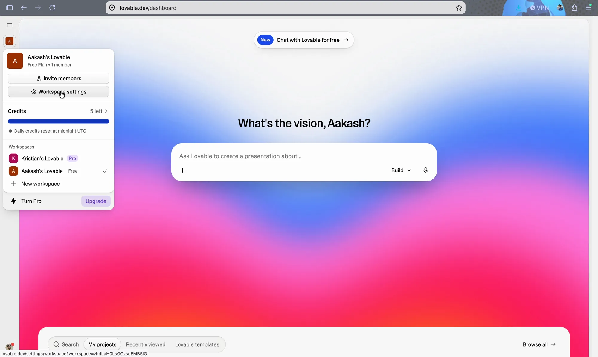 Lovable dashboard with the workspace menu open and Workspace settings highlighted