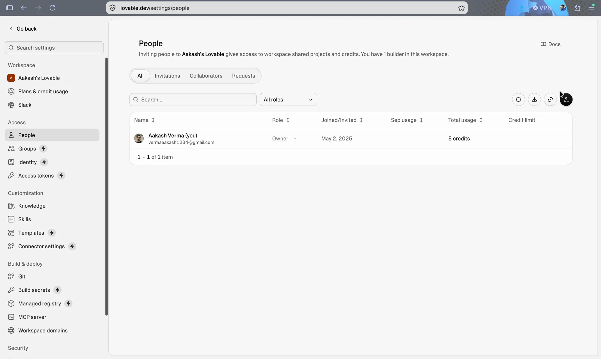 Lovable People settings page showing the owner account and the invite icon at the top right