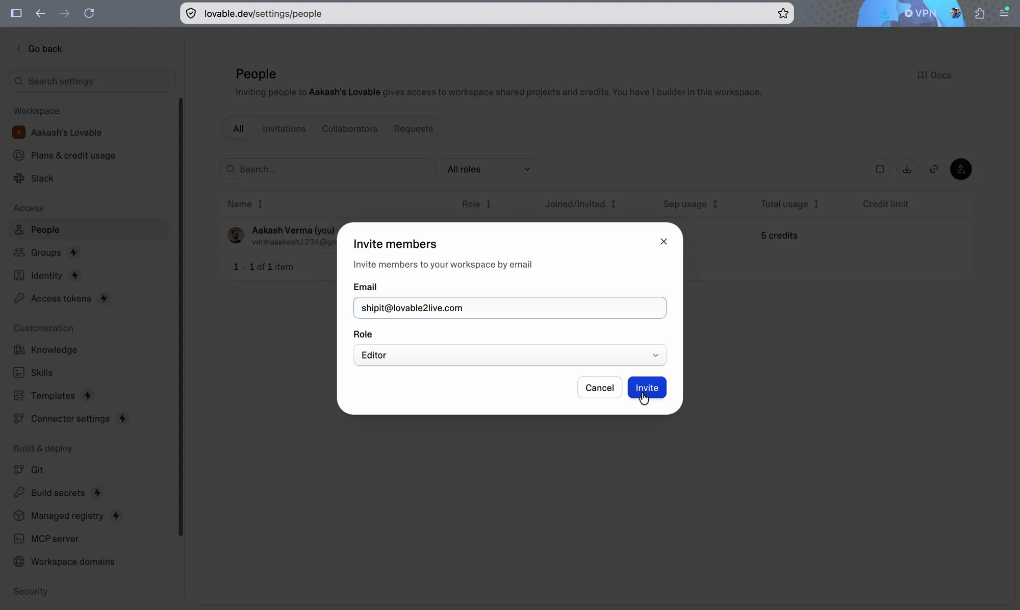 Lovable Invite members dialog with shipit@lovable2live.com entered and the Editor role selected