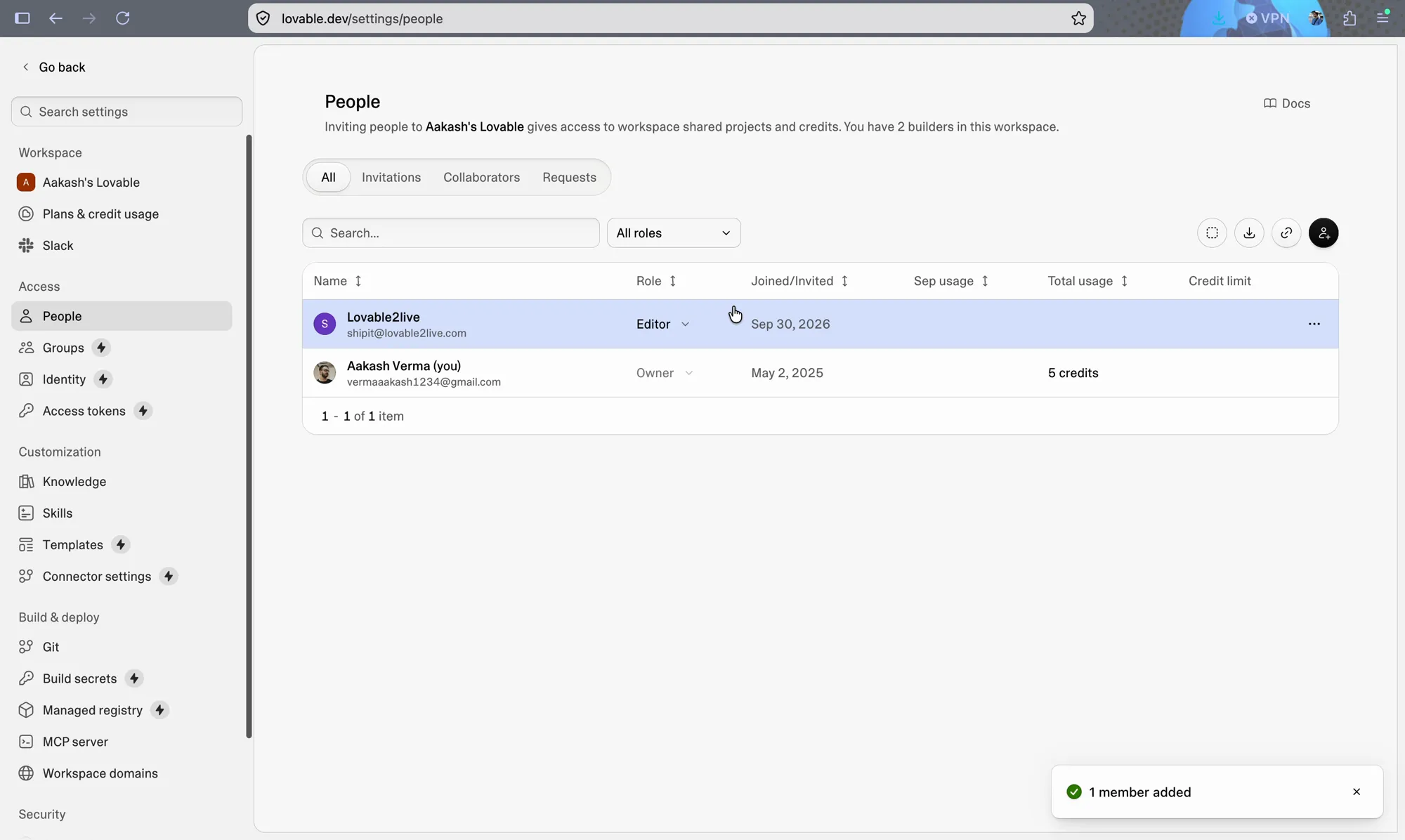 Lovable People page listing Lovable2live as an Editor with a 1 member added confirmation