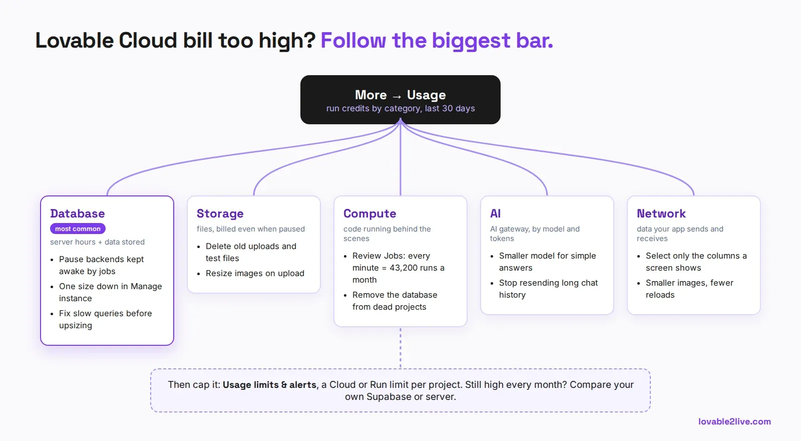 Decision tree: open More then Usage, find the biggest category, and the fix for Database, Storage, Compute, AI and Network