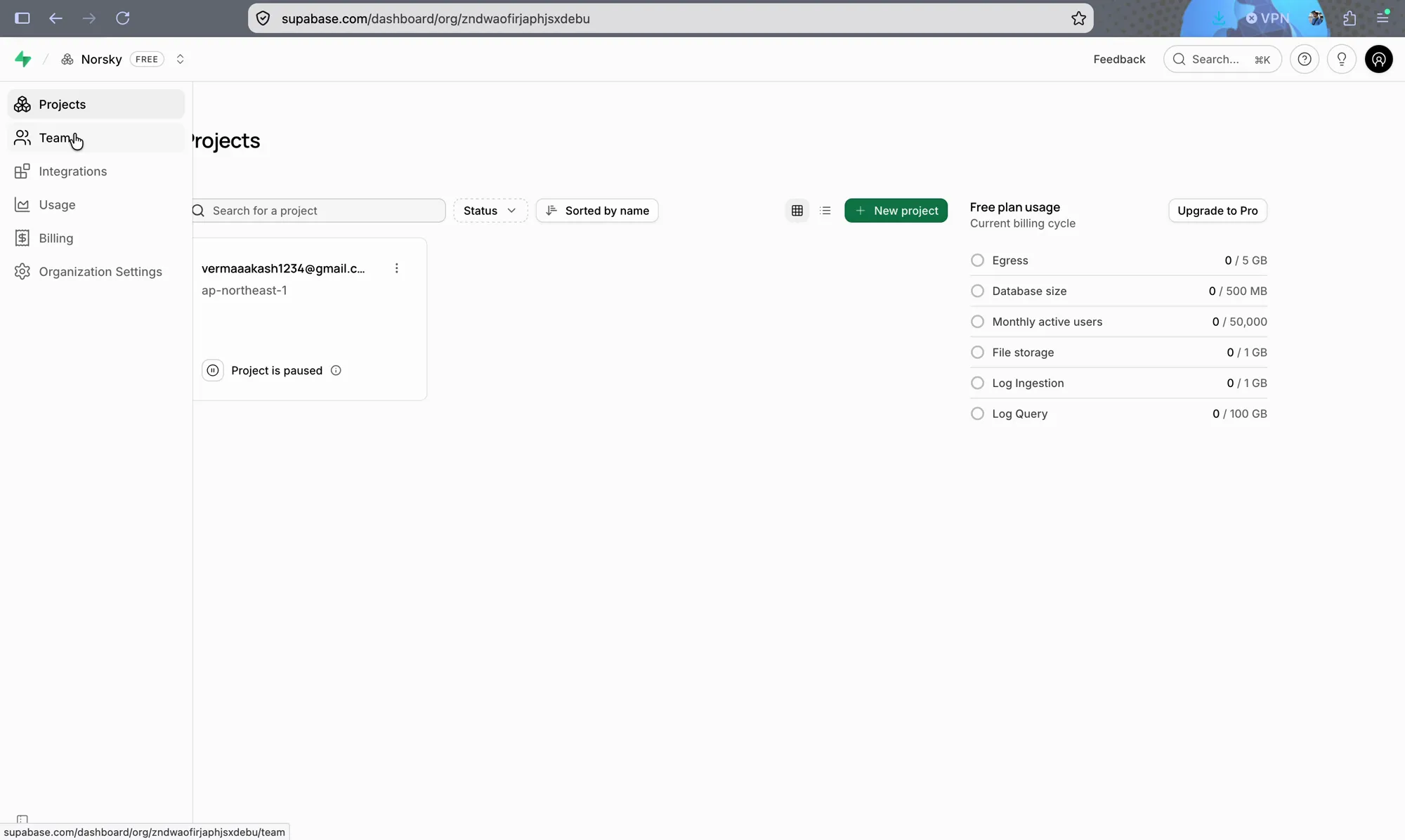 Supabase organization dashboard with the sidebar open and Team highlighted