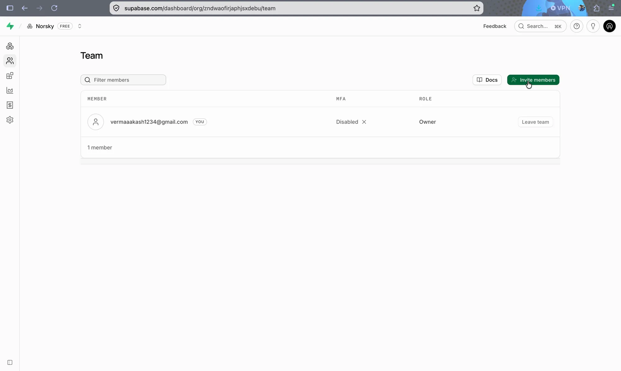 Supabase Team page with the Invite members button highlighted