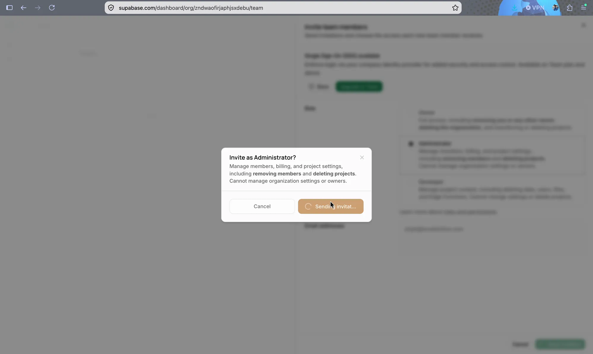 Supabase confirmation dialog asking Invite as Administrator