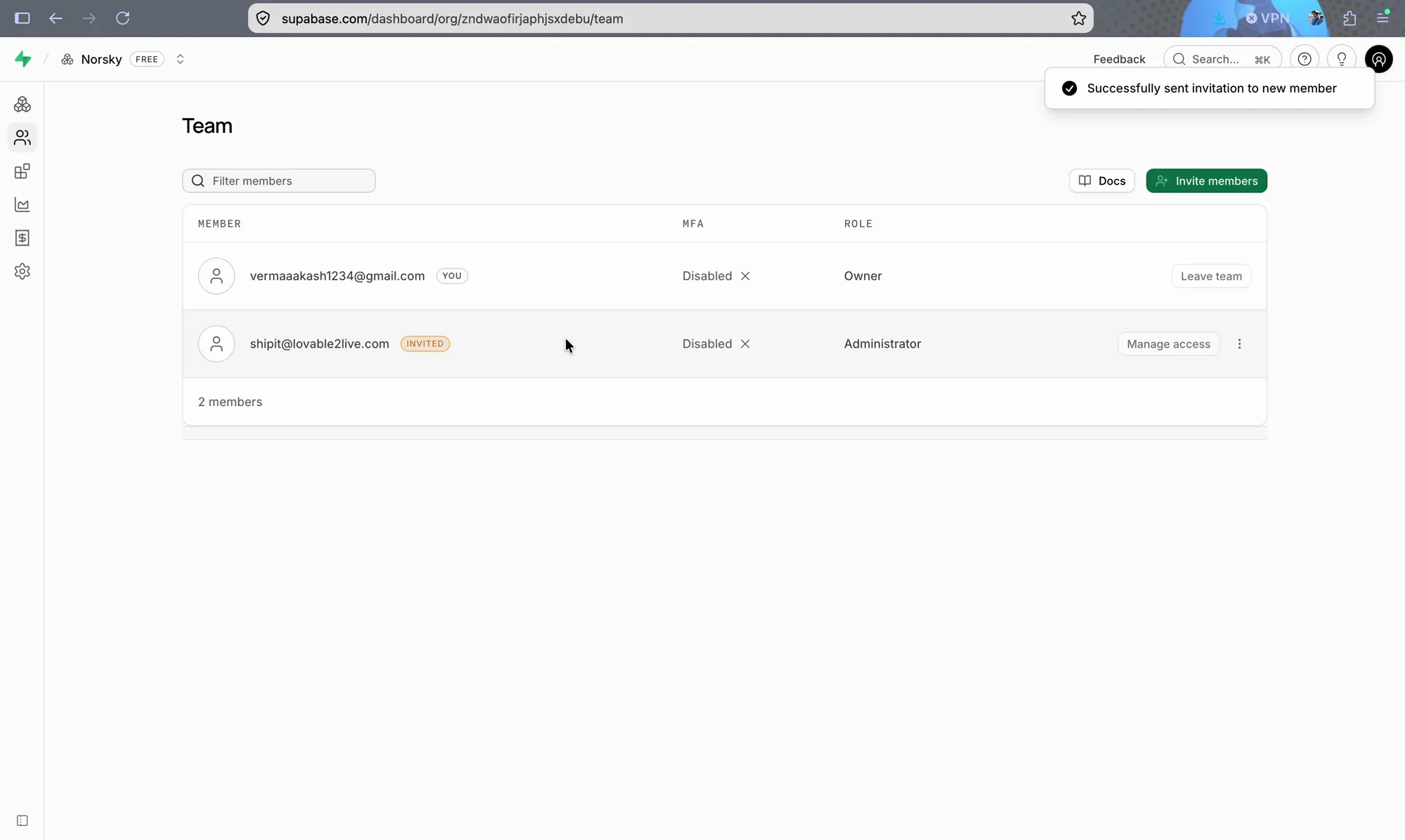 Supabase Team page listing shipit@lovable2live.com as an invited Administrator